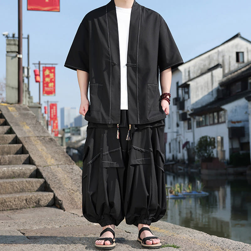 Buddha Stones 2点セット ブラック カエルボタン コットン メンズ 着物ジャケット ドローストリング ワイドレッグパンツ ポケット付き - 黒 - US/UK/AU46、 EU56 (5XL) - image 0