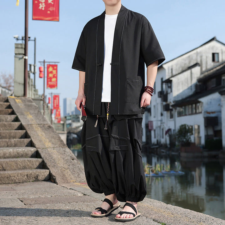 Buddha Stones 2点セット ブラック カエルボタン コットン メンズ 着物ジャケット ドローストリング ワイドレッグパンツ ポケット付き - image 3