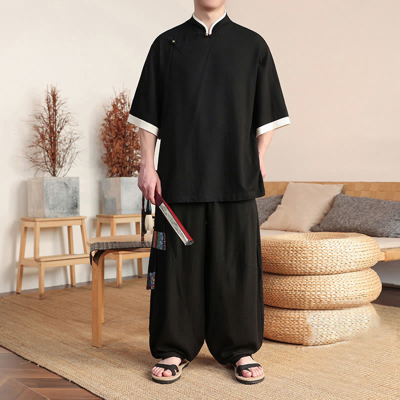 Buddha Stones2点セット 中国風カエルボタン メンズシャツ ワイドレッグパンツ 瞑想用布セット - image 4
