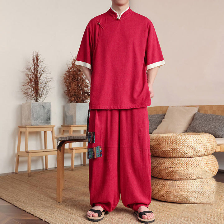 Buddha Stones2点セット 中国風カエルボタン メンズシャツ ワイドレッグパンツ 瞑想用布セット - クリムゾン - US/UK/AU46、 EU56 (5XL) - image 6