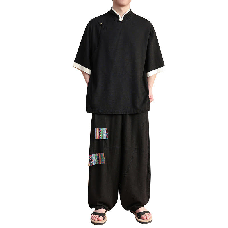 Buddha Stones2点セット 中国風カエルボタン メンズシャツ ワイドレッグパンツ 瞑想用布セット - image 5