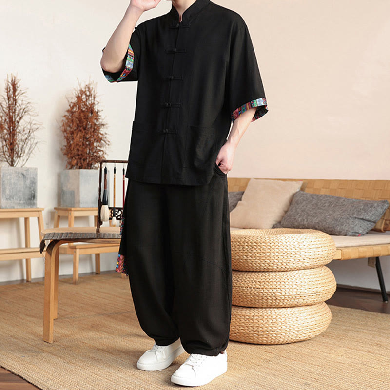 Buddha Stones 2点セット パッチワーク 中国風 カエルボタン シャツ ワイドレッグパンツ メンズ 瞑想用 ポケット付き - image 15