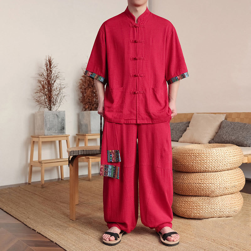 Buddha Stones 2点セット パッチワーク 中国風 カエルボタン シャツ ワイドレッグパンツ メンズ 瞑想用 ポケット付き - クリムゾン - US/UK/AU46、 EU56 (5XL) - image 19
