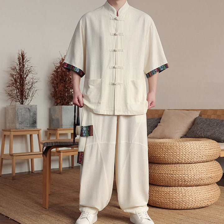 Buddha Stones 2点セット パッチワーク 中国風 カエルボタン シャツ ワイドレッグパンツ メンズ 瞑想用 ポケット付き - image 6