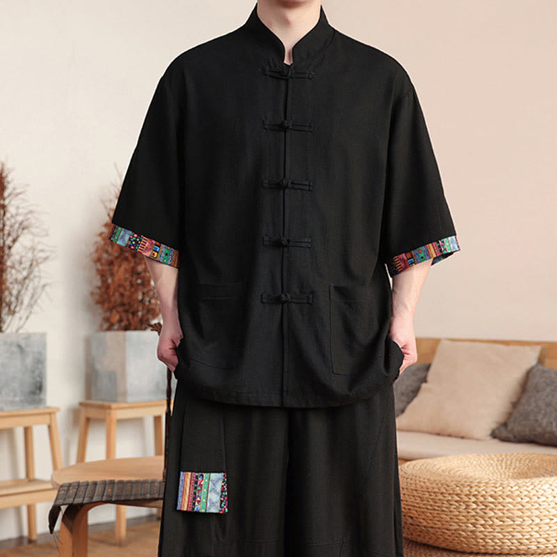 Buddha Stones 2点セット パッチワーク 中国風 カエルボタン シャツ ワイドレッグパンツ メンズ 瞑想用 ポケット付き - image 17