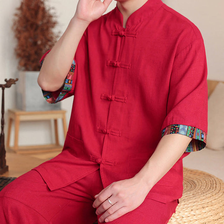 Buddha Stones 2点セット パッチワーク 中国風 カエルボタン シャツ ワイドレッグパンツ メンズ 瞑想用 ポケット付き - image 27