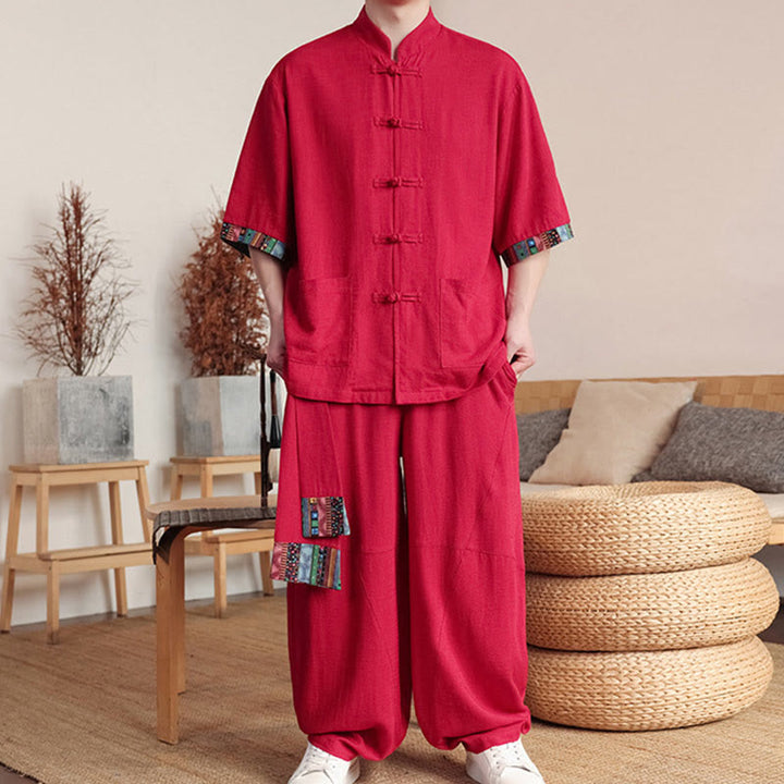 Buddha Stones 2点セット パッチワーク 中国風 カエルボタン シャツ ワイドレッグパンツ メンズ 瞑想用 ポケット付き - image 24