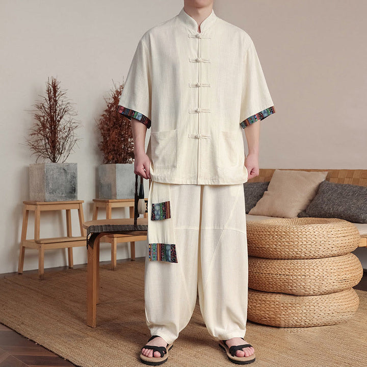 Buddha Stones 2点セット パッチワーク 中国風 カエルボタン シャツ ワイドレッグパンツ メンズ 瞑想用 ポケット付き - ベージュ - US/UK/AU46、 EU56 (5XL) - image 0