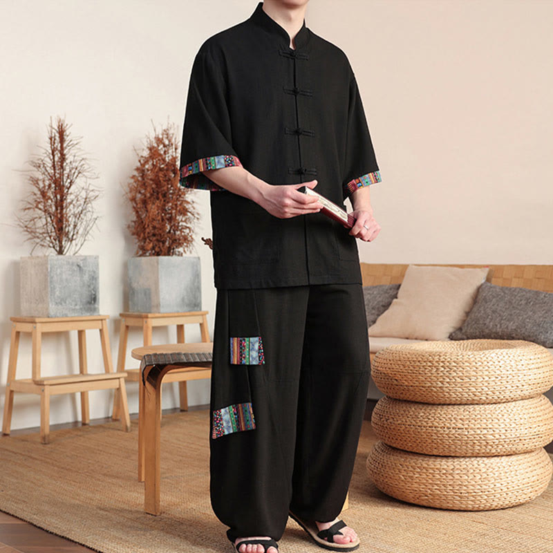 Buddha Stones 2点セット パッチワーク 中国風 カエルボタン シャツ ワイドレッグパンツ メンズ 瞑想用 ポケット付き - image 13
