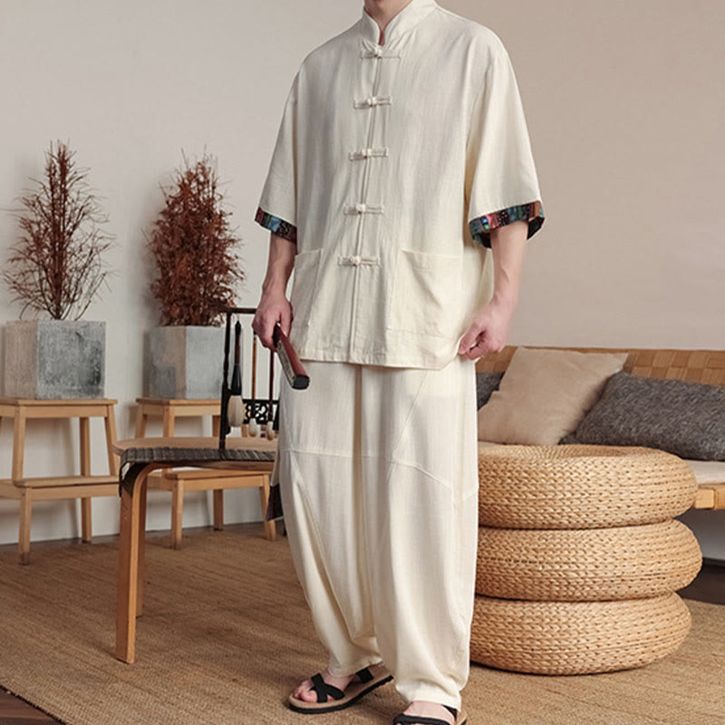 Buddha Stones 2点セット パッチワーク 中国風 カエルボタン シャツ ワイドレッグパンツ メンズ 瞑想用 ポケット付き - image 1
