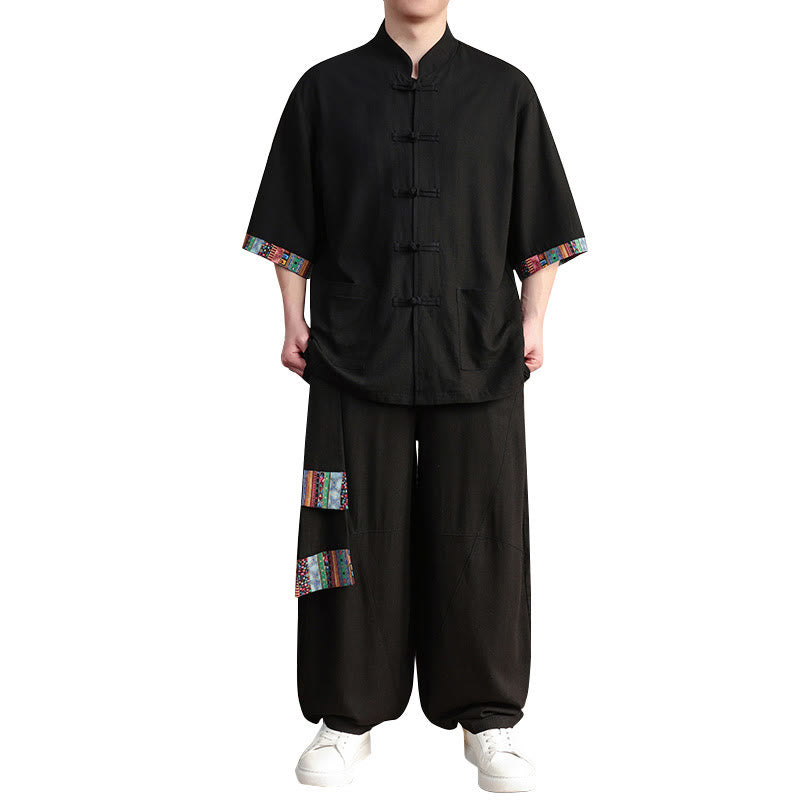 Buddha Stones 2点セット パッチワーク 中国風 カエルボタン シャツ ワイドレッグパンツ メンズ 瞑想用 ポケット付き - image 18