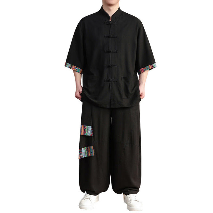 Buddha Stones 2点セット パッチワーク 中国風 カエルボタン シャツ ワイドレッグパンツ メンズ 瞑想用 ポケット付き - image 18