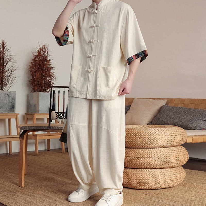 Buddha Stones 2点セット パッチワーク 中国風 カエルボタン シャツ ワイドレッグパンツ メンズ 瞑想用 ポケット付き - image 5