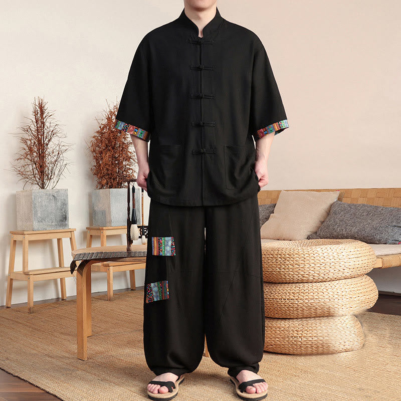 Buddha Stones 2点セット パッチワーク 中国風 カエルボタン シャツ ワイドレッグパンツ メンズ 瞑想用 ポケット付き - 黒 - US/UK/AU46、 EU56 (5XL) - image 9