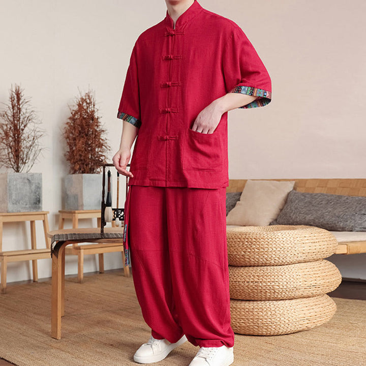 Buddha Stones 2点セット パッチワーク 中国風 カエルボタン シャツ ワイドレッグパンツ メンズ 瞑想用 ポケット付き - image 20