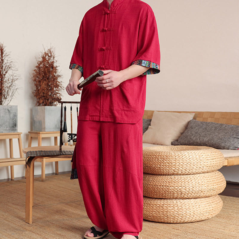 Buddha Stones 2点セット パッチワーク 中国風 カエルボタン シャツ ワイドレッグパンツ メンズ 瞑想用 ポケット付き - image 23
