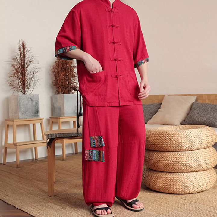 Buddha Stones 2点セット パッチワーク 中国風 カエルボタン シャツ ワイドレッグパンツ メンズ 瞑想用 ポケット付き - image 22