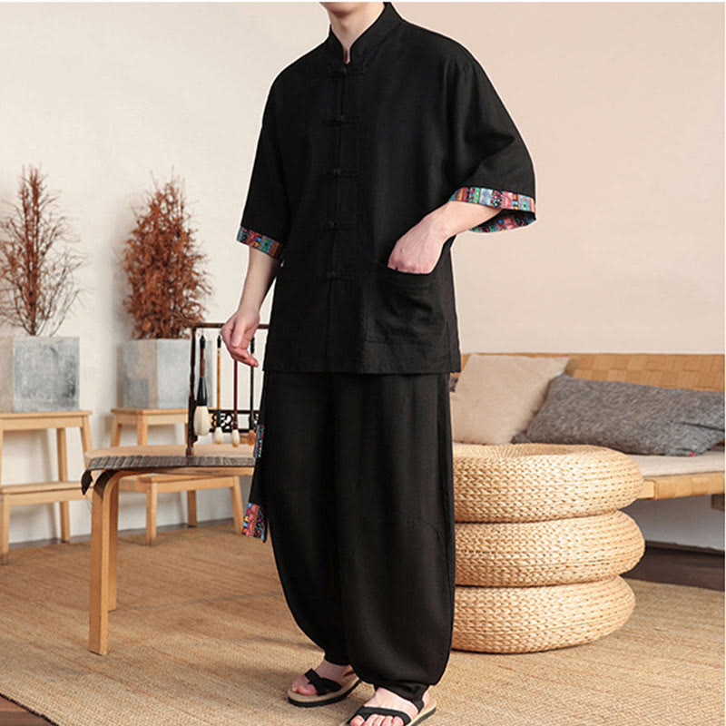 Buddha Stones 2点セット パッチワーク 中国風 カエルボタン シャツ ワイドレッグパンツ メンズ 瞑想用 ポケット付き - image 10