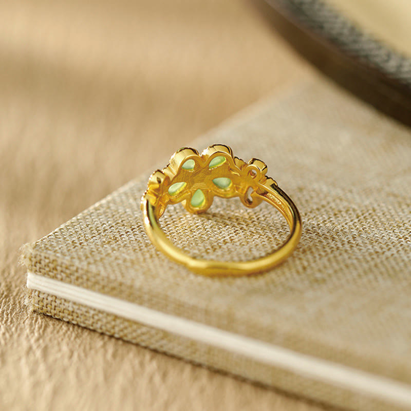 Buddha Stones天然和田翡翠925スターリングシルバーメッキゴールドフラワー調節可能繁栄リング - image 1