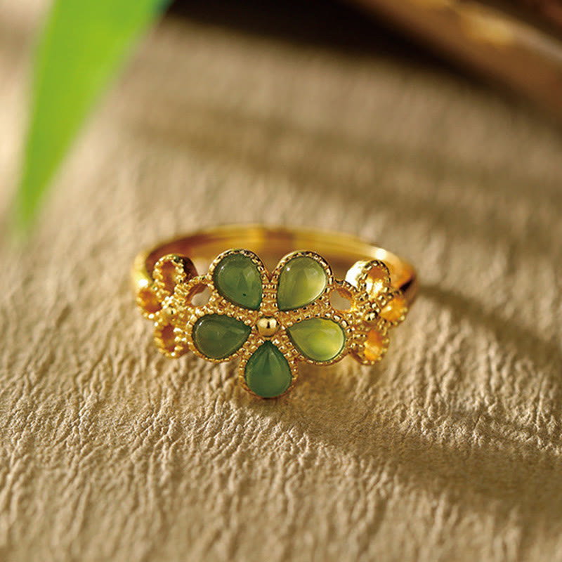 Buddha Stones天然和田翡翠925スターリングシルバーメッキゴールドフラワー調節可能繁栄リング - 賀天翡翠 - image 0