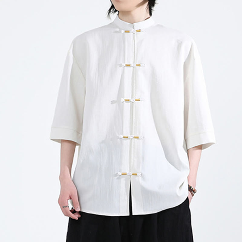 Buddha Stonesピュアカラー フロッグボタン 半袖 リネン メンズシャツ - image 5