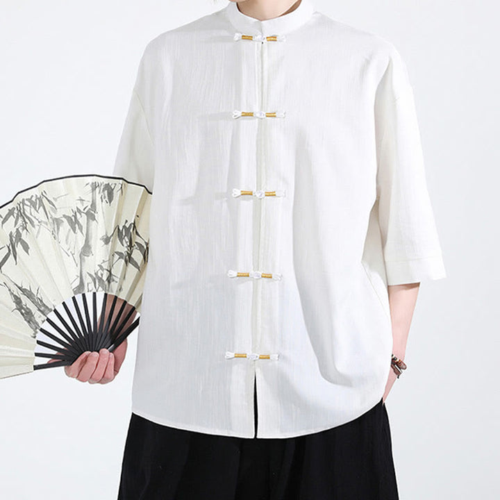 Buddha Stonesピュアカラー フロッグボタン 半袖 リネン メンズシャツ - image 1