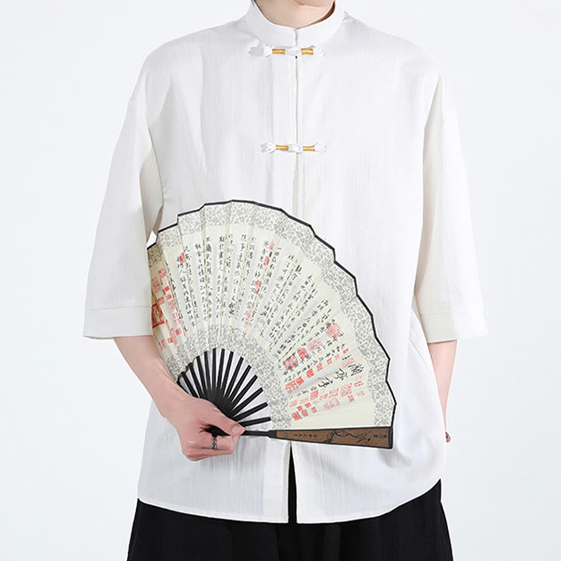 Buddha Stonesピュアカラー フロッグボタン 半袖 リネン メンズシャツ - image 3