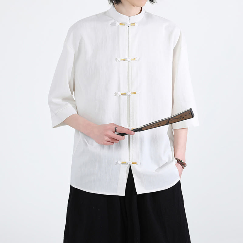 Buddha Stonesピュアカラー フロッグボタン 半袖 リネン メンズシャツ - image 4