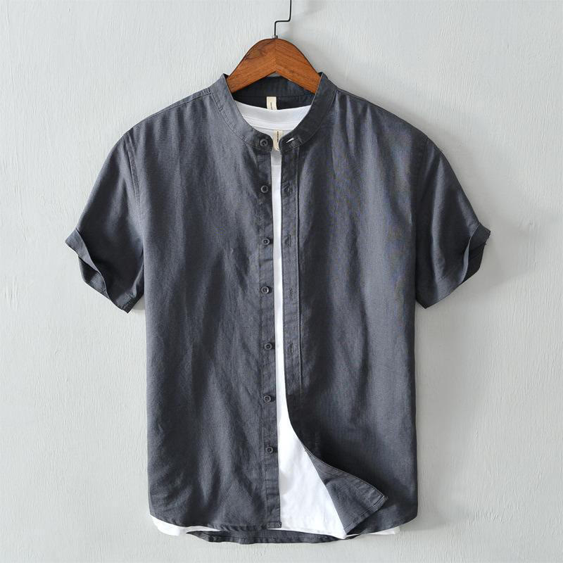 Buddha Stonesシンプルスタイル 半袖 ボタン コットンリネン メンズシャツ - ダークスレートグレー - US/UK/AU44、 EU54 (4XL) - image 17