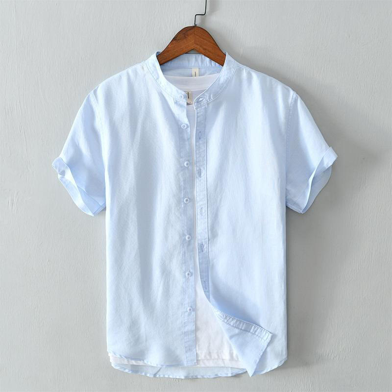 Buddha Stonesシンプルスタイル 半袖 ボタン コットンリネン メンズシャツ - ライトスカイブルー - US/UK/AU44、 EU54 (4XL) - image 10