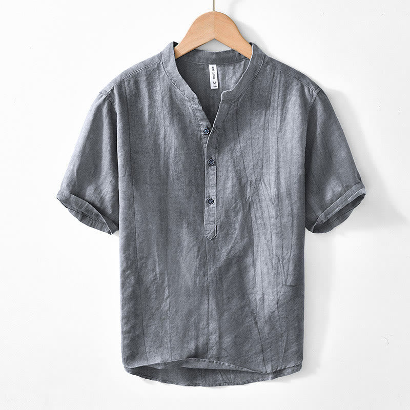Buddha Stonesハーフボタン 半袖 Vネック ラミーコットン メンズシャツ - ディムグレー - US/UK/AU44、 EU54 (4XL) - image 0