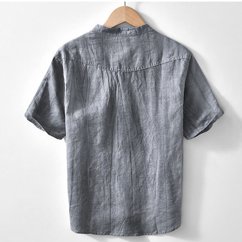 Buddha Stonesハーフボタン 半袖 Vネック ラミーコットン メンズシャツ - image 1