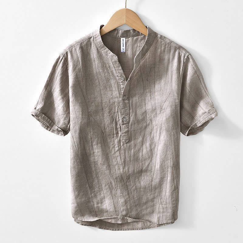 Buddha Stonesハーフボタン 半袖 Vネック ラミーコットン メンズシャツ - ダークカーキ - US/UK/AU44、 EU54 (4XL) - image 7