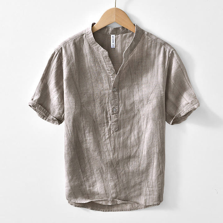 Buddha Stonesハーフボタン 半袖 Vネック ラミーコットン メンズシャツ - ダークカーキ - US/UK/AU44、 EU54 (4XL) - image 7