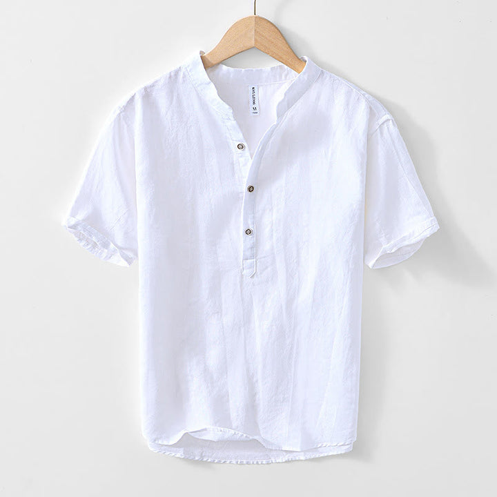 Buddha Stonesハーフボタン 半袖 Vネック ラミーコットン メンズシャツ - 白 - US/UK/AU44、 EU54 (4XL) - image 13
