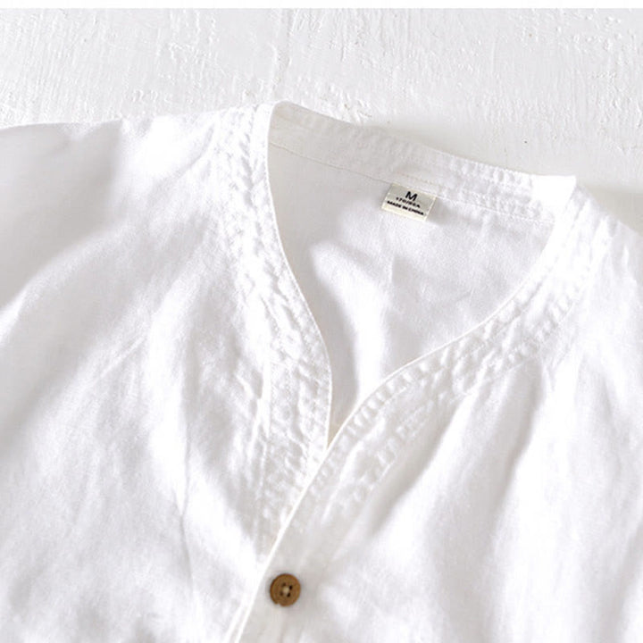 Buddha Stones夏 スタンドカラー 半袖 コットンリネン ハーフボタン メンズシャツ - image 8