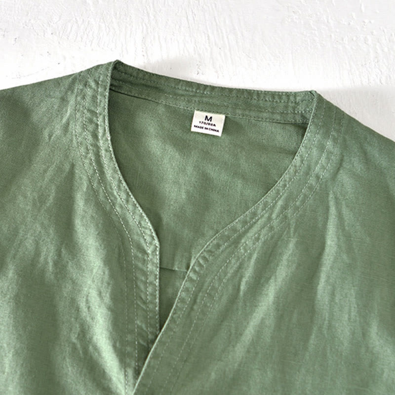 Buddha Stones夏 スタンドカラー 半袖 コットンリネン ハーフボタン メンズシャツ - image 1