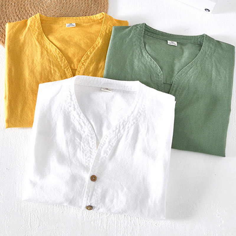 Buddha Stones夏 スタンドカラー 半袖 コットンリネン ハーフボタン メンズシャツ - image 19