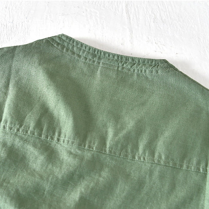 Buddha Stones夏 スタンドカラー 半袖 コットンリネン ハーフボタン メンズシャツ - image 2