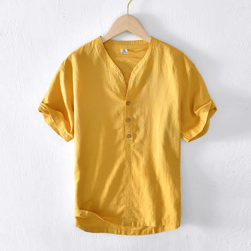 Buddha Stones夏 スタンドカラー 半袖 コットンリネン ハーフボタン メンズシャツ - 金 - US/UK/AU42、 EU52 (3XL) - image 13