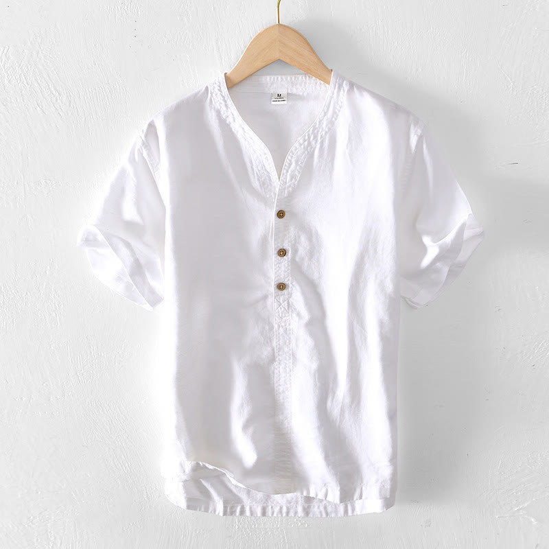 Buddha Stones夏 スタンドカラー 半袖 コットンリネン ハーフボタン メンズシャツ - 白 - US/UK/AU42、 EU52 (3XL) - image 6