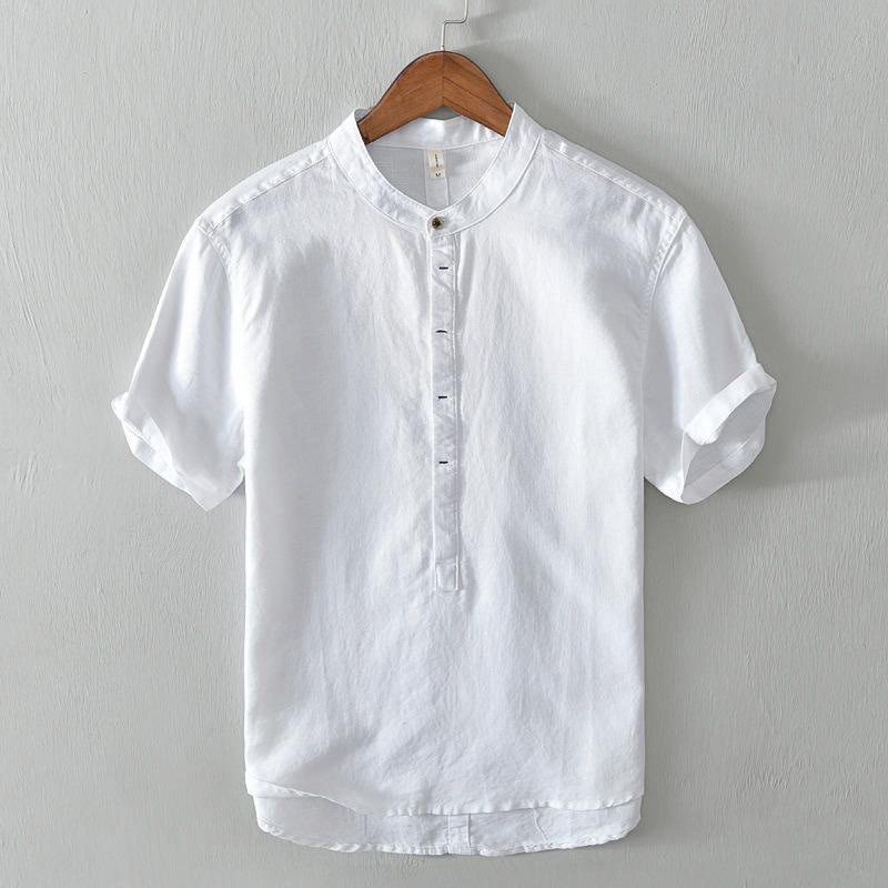 Buddha Stonesカジュアルシンプルデザイン半袖コットンリネンハーフボタンメンズシャツ - 白 - US/UK/AU42、EU52（4XL） - image 4