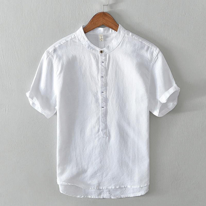 Buddha Stonesカジュアルシンプルデザイン半袖コットンリネンハーフボタンメンズシャツ - 白 - US/UK/AU42、EU52（4XL） - image 4