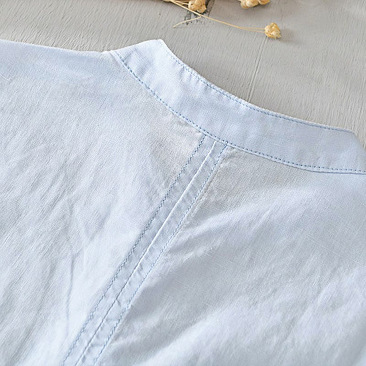 Buddha Stonesカジュアルシンプルデザイン半袖コットンリネンハーフボタンメンズシャツ - image 12