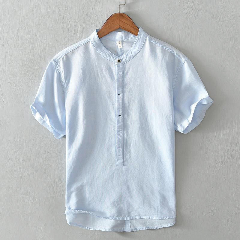 Buddha Stonesカジュアルシンプルデザイン半袖コットンリネンハーフボタンメンズシャツ