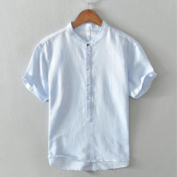 Buddha Stonesカジュアルシンプルデザイン半袖コットンリネンハーフボタンメンズシャツ - ライトスカイブルー - US/UK/AU42、EU52（4XL） - image 9