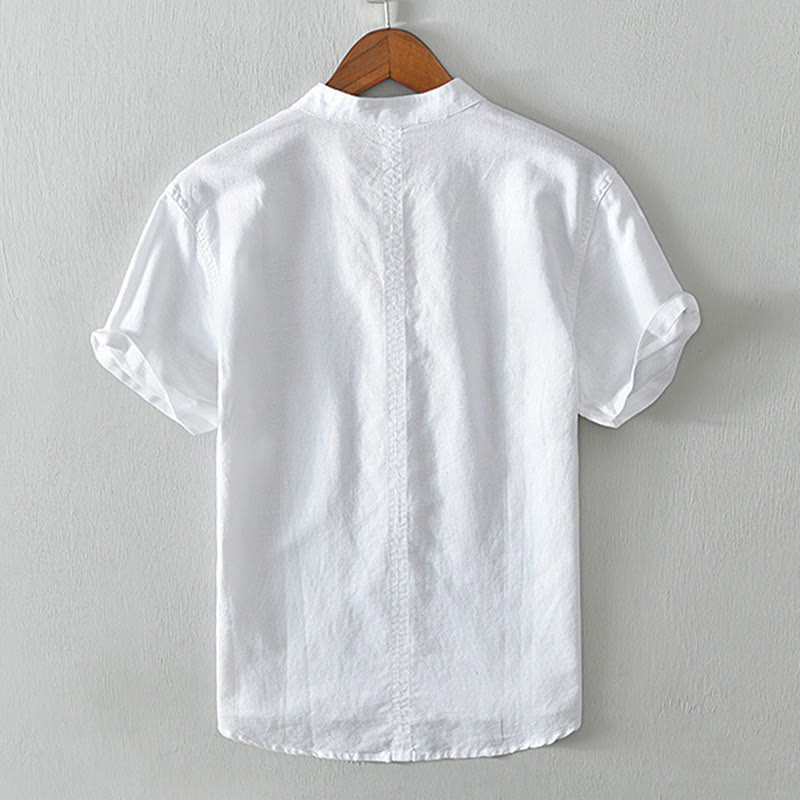 Buddha Stonesカジュアルシンプルデザイン半袖コットンリネンハーフボタンメンズシャツ - image 5