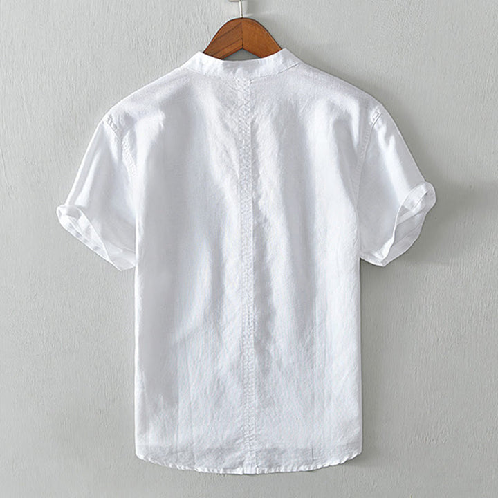 Buddha Stonesカジュアルシンプルデザイン半袖コットンリネンハーフボタンメンズシャツ - image 5