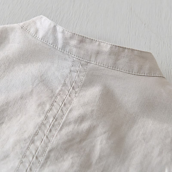 Buddha Stonesカジュアルシンプルデザイン半袖コットンリネンハーフボタンメンズシャツ - image 2