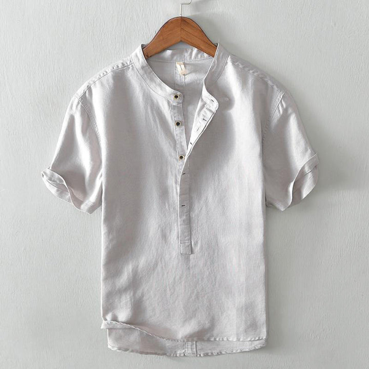 Buddha Stonesカジュアルシンプルデザイン半袖コットンリネンハーフボタンメンズシャツ - ゲインズボロ - US/UK/AU42、EU52（4XL） - image 0